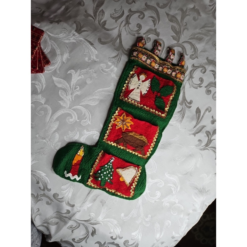 Vintage Felt Sequin Christmas Stocking Angel Manger Candle‎ 20" Handmade 50s
